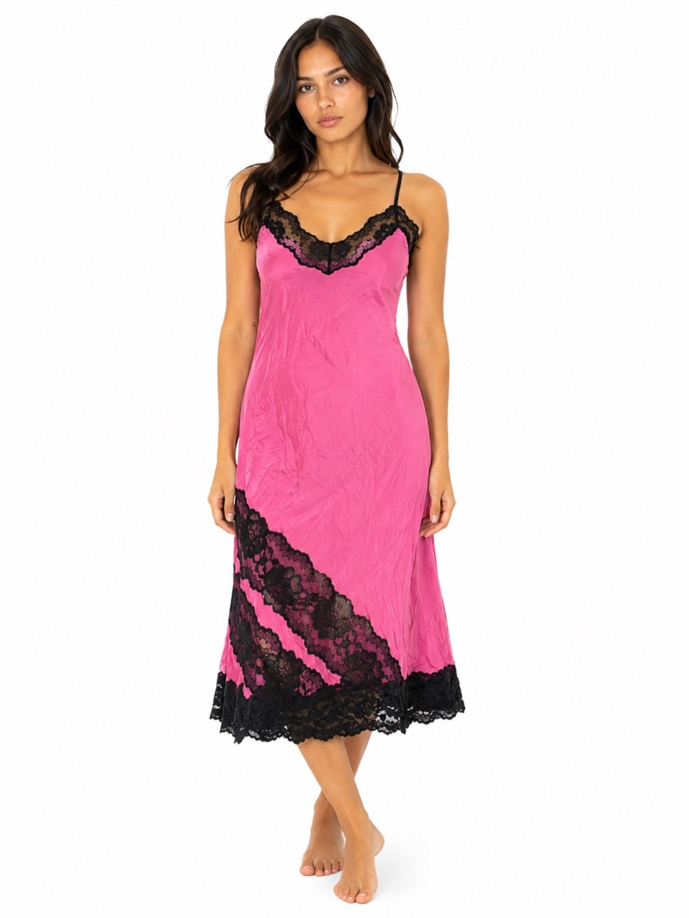 70s European Vintage Silky Lace Midi Slip Dress (Pink/Black) Size M/L (EU 44)